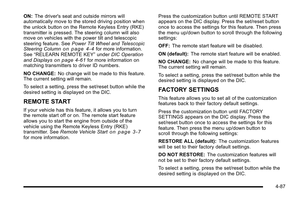 Remote start, Factory settings | Cadillac 2010 DTS User Manual | Page 253 / 486
