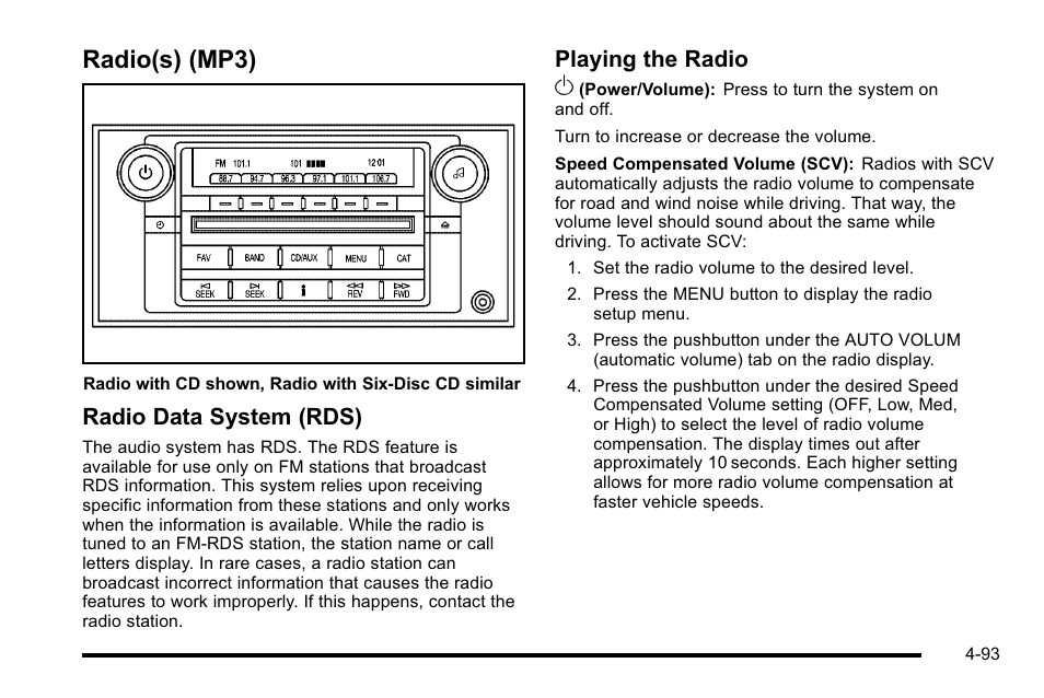 Radio(s) (mp3), Radio(s) (mp3) -93, Radio data system (rds) | Playing the radio o | Cadillac 2010 DTS User Manual | Page 259 / 486