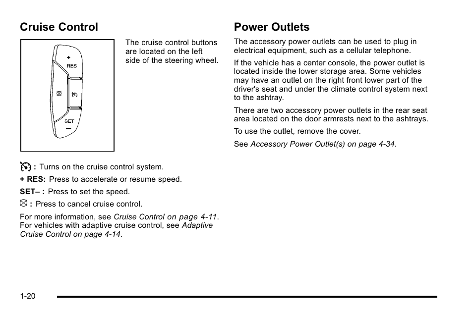Cruise control, Power outlets, Cruise control -20 power outlets -20 | Cadillac 2010 DTS User Manual | Page 26 / 486