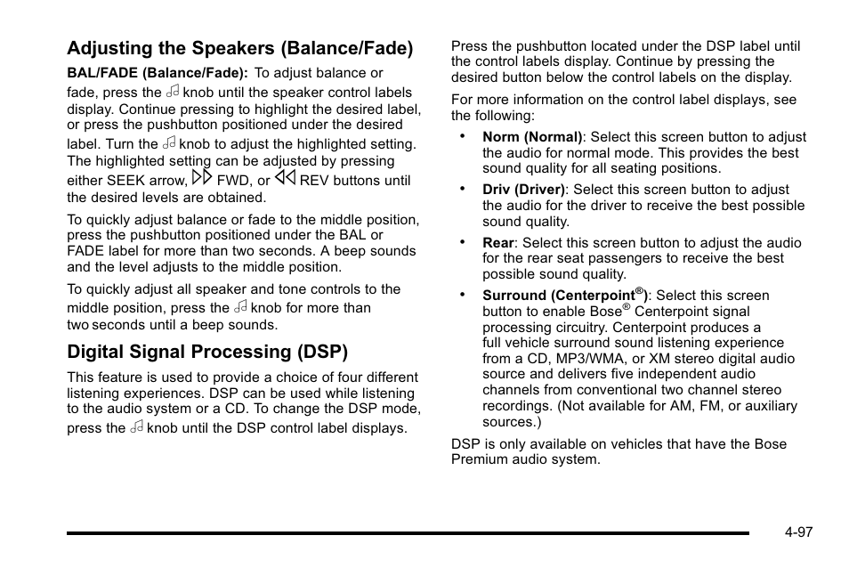 Adjusting the speakers (balance/fade), Digital signal processing (dsp) | Cadillac 2010 DTS User Manual | Page 263 / 486