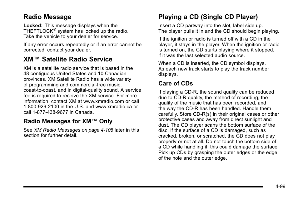Radio message, Xm™ satellite radio service, Playing a cd (single cd player) | Cadillac 2010 DTS User Manual | Page 265 / 486