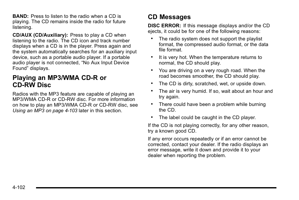 Playing an mp3/wma cd-r or cd-rw disc, Cd messages | Cadillac 2010 DTS User Manual | Page 268 / 486