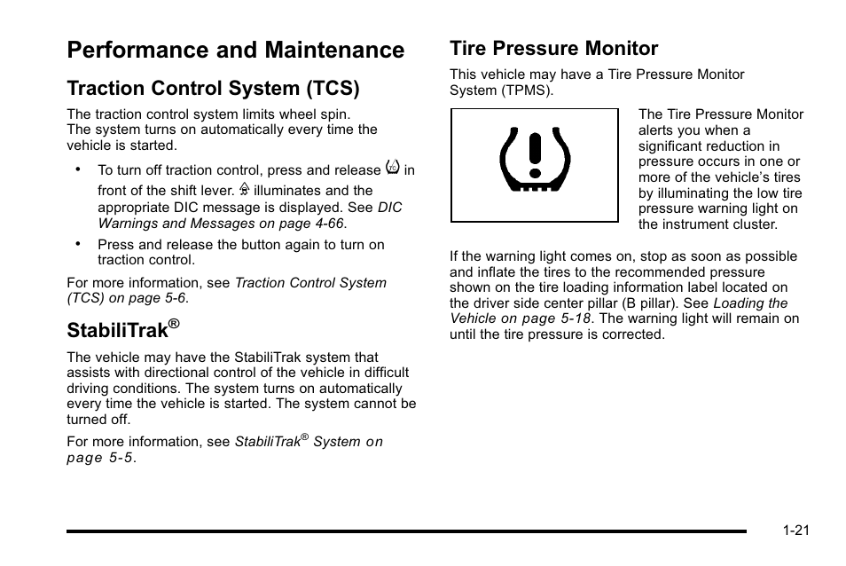 Performance and maintenance, Traction control system (tcs), Stabilitrak | Tire pressure monitor, Performance and maintenance -21, Universal home remote, Traction control system (tcs) -21 stabilitrak, Tire pressure monitor -21 | Cadillac 2010 DTS User Manual | Page 27 / 486