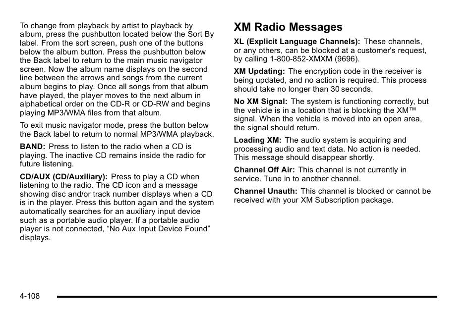 Xm radio messages, Xm radio messages -108 | Cadillac 2010 DTS User Manual | Page 274 / 486