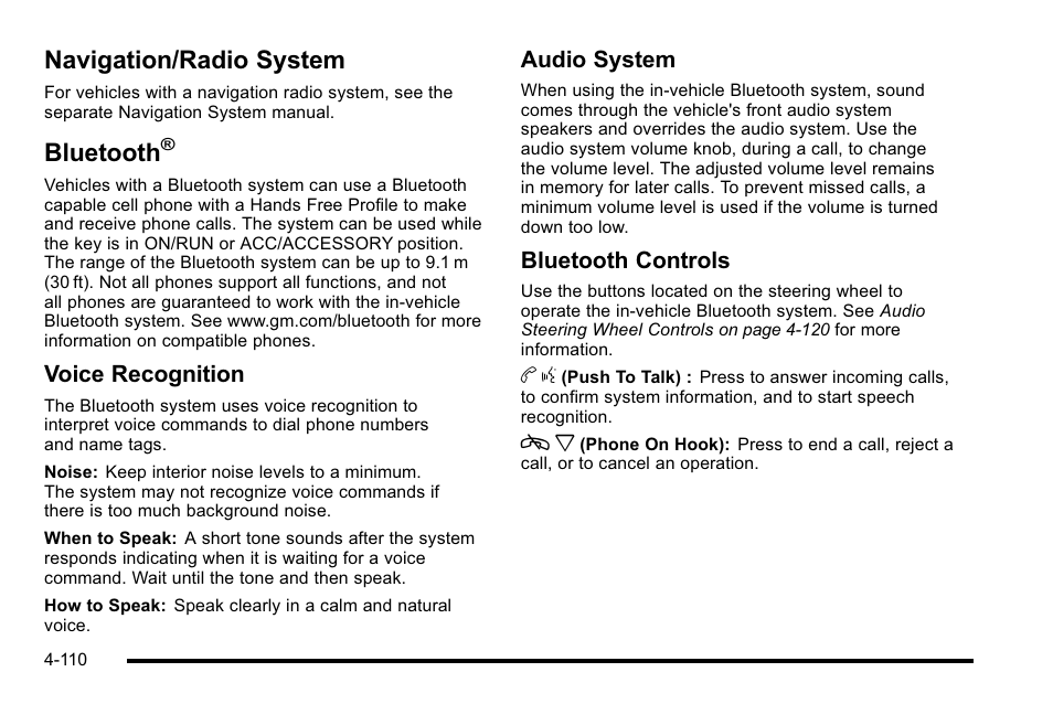 Navigation/radio system, Bluetooth, Navigation/radio system -110 bluetooth | Voice recognition, Audio system, Bluetooth controls | Cadillac 2010 DTS User Manual | Page 276 / 486