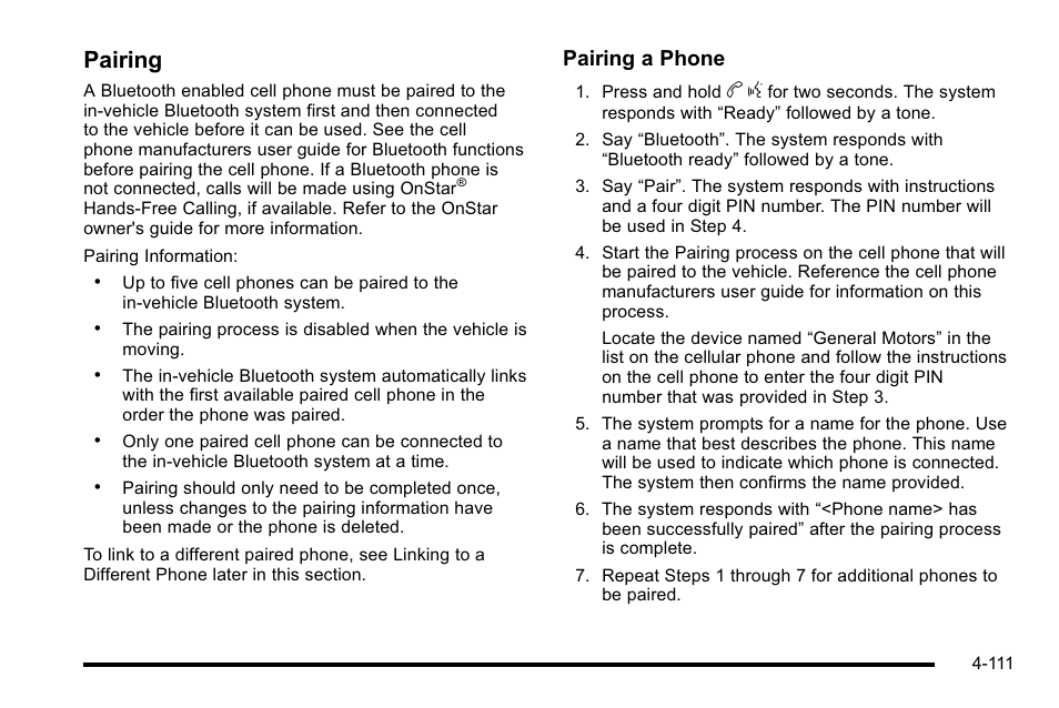 Pairing, Pairing a phone | Cadillac 2010 DTS User Manual | Page 277 / 486