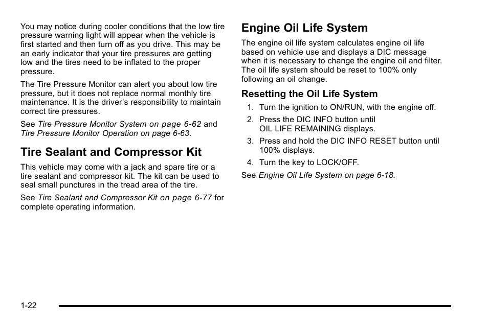 Tire sealant and compressor kit, Engine oil life system | Cadillac 2010 DTS User Manual | Page 28 / 486