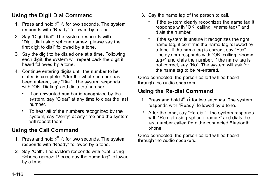 Using the digit dial command, Using the call command, Using the re‐dial command | Cadillac 2010 DTS User Manual | Page 282 / 486