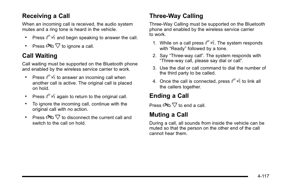 Receiving a call, Call waiting, Three‐way calling | Ending a call, Muting a call | Cadillac 2010 DTS User Manual | Page 283 / 486