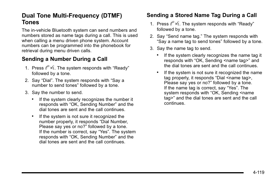 Dual tone multi-frequency (dtmf) tones, Sending a number during a call, Sending a stored name tag during a call | Cadillac 2010 DTS User Manual | Page 285 / 486