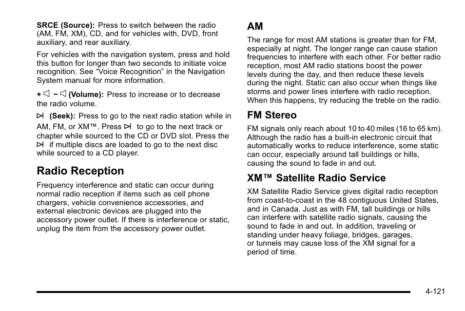 Radio reception, Radio reception -121, Fm stereo | Xm™ satellite radio service | Cadillac 2010 DTS User Manual | Page 287 / 486
