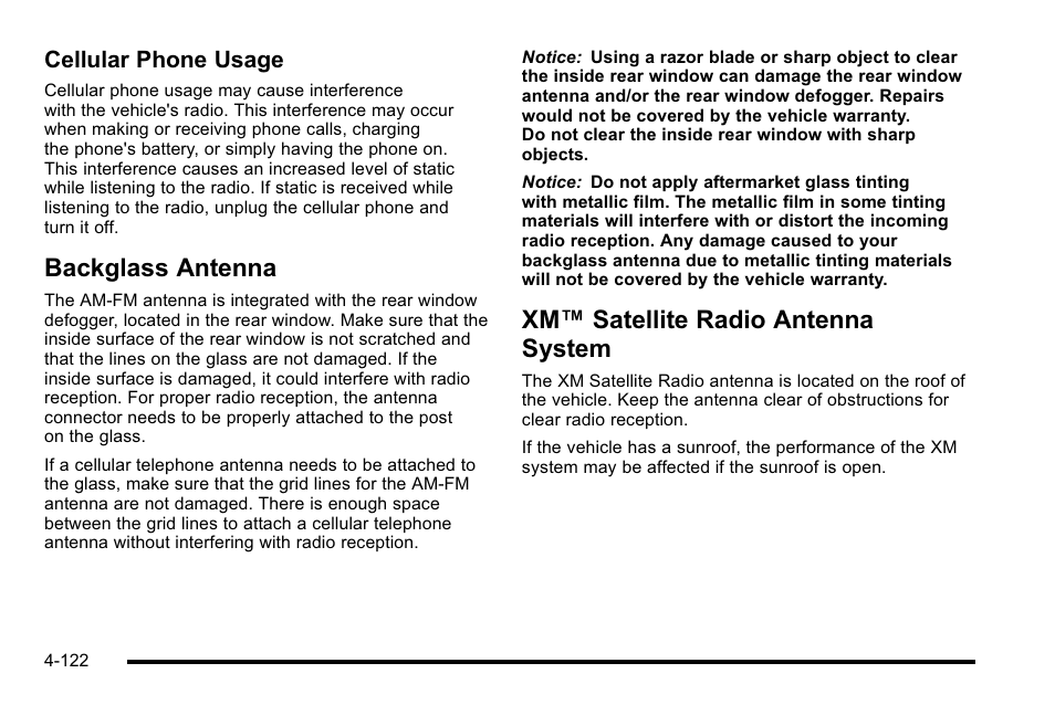 Backglass antenna, Xm satellite radio antenna system, Xm™ satellite radio antenna system | Cellular phone usage | Cadillac 2010 DTS User Manual | Page 288 / 486