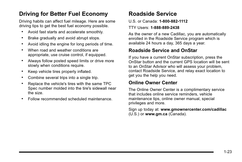 Driving for better fuel economy, Roadside service, Roadside service and onstar | Online owner center | Cadillac 2010 DTS User Manual | Page 29 / 486