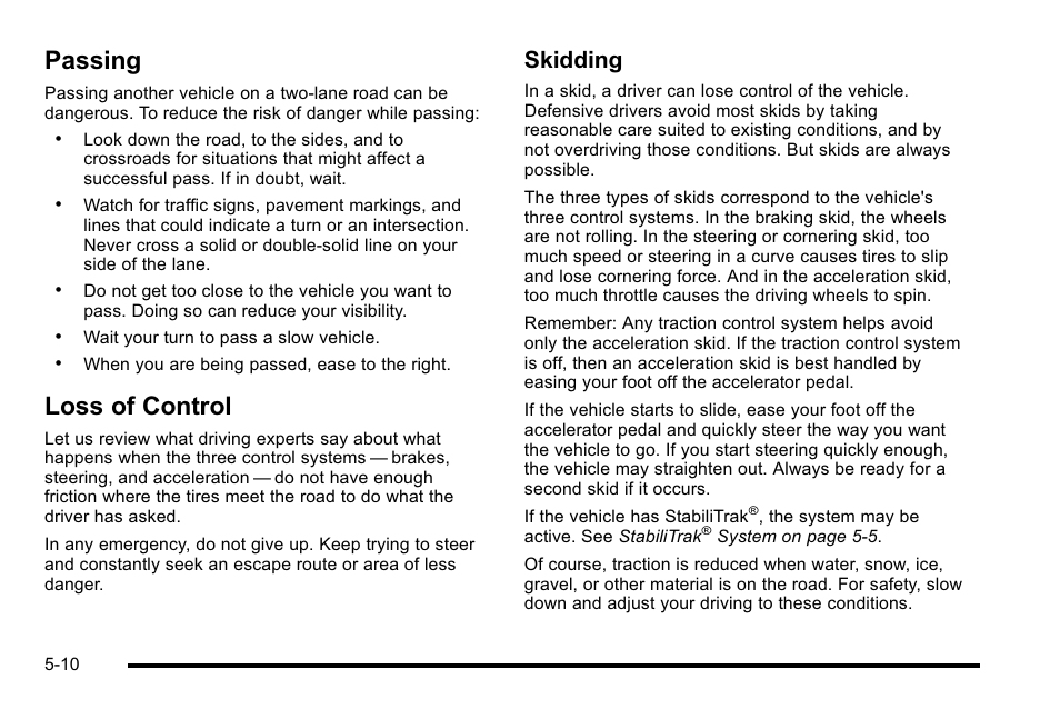 Passing, Loss of control, Passing -10 loss of control -10 | Skidding | Cadillac 2010 DTS User Manual | Page 298 / 486