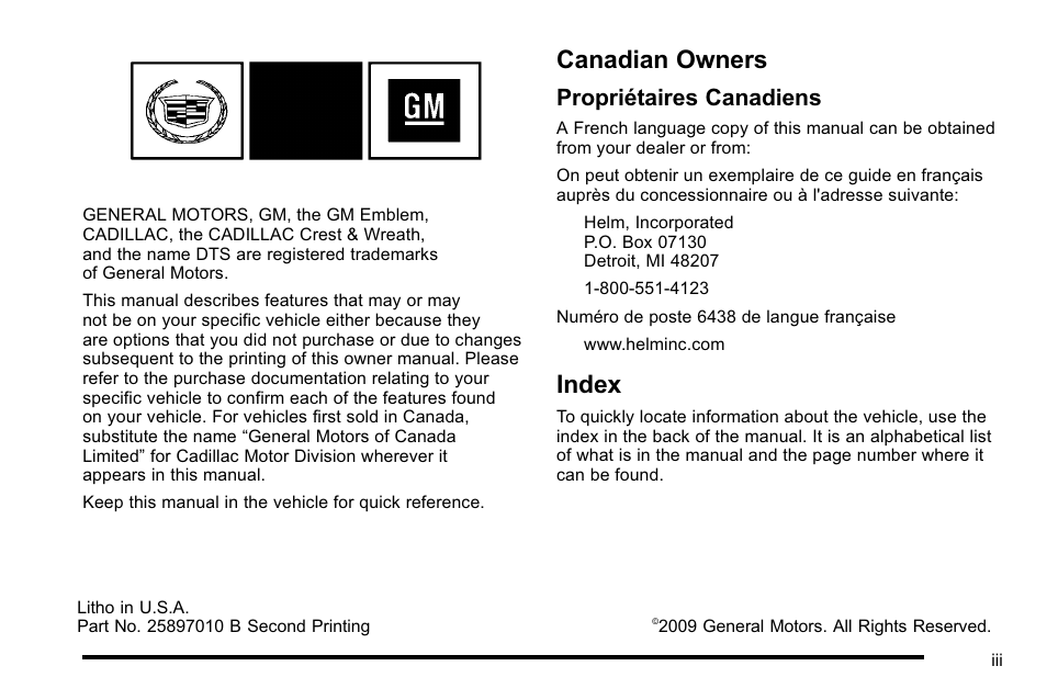 Preface, Canadian owners, Index | Propriétaires canadiens | Cadillac 2010 DTS User Manual | Page 3 / 486