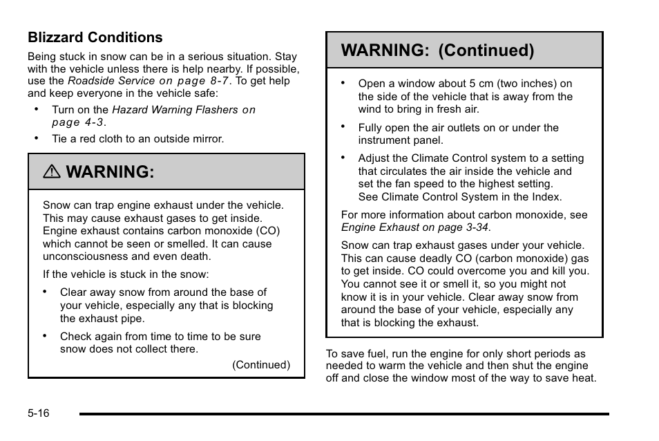 Warning, Warning: (continued), Blizzard conditions | Cadillac 2010 DTS User Manual | Page 304 / 486