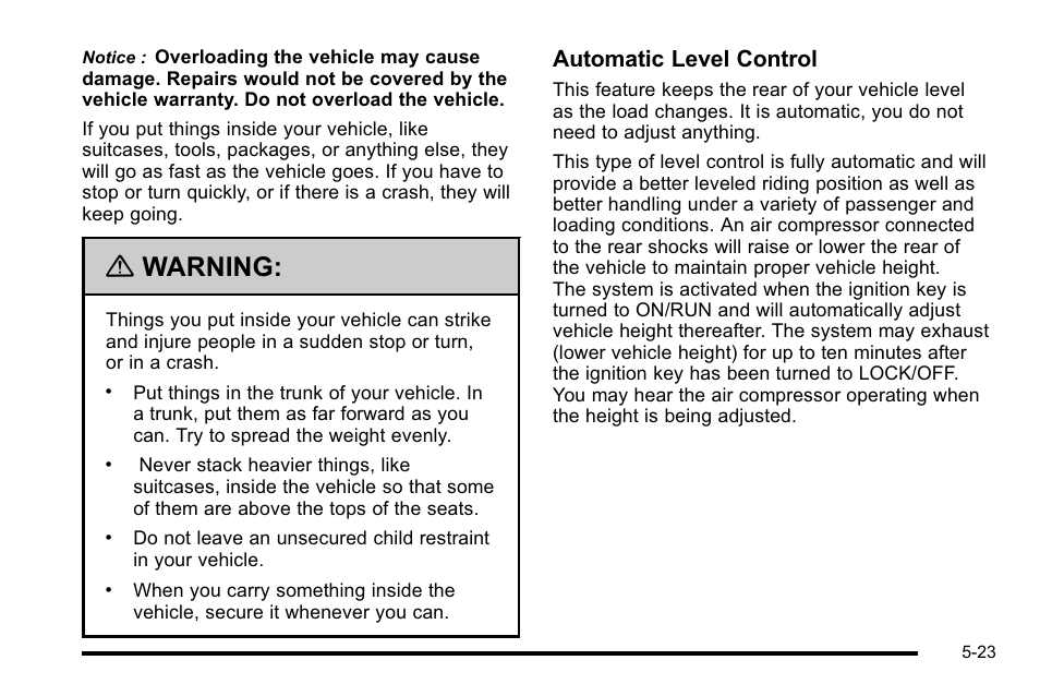 Warning, Automatic level control | Cadillac 2010 DTS User Manual | Page 311 / 486