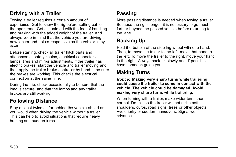 Driving with a trailer, Following distance, Passing | Backing up, Making turns | Cadillac 2010 DTS User Manual | Page 318 / 486