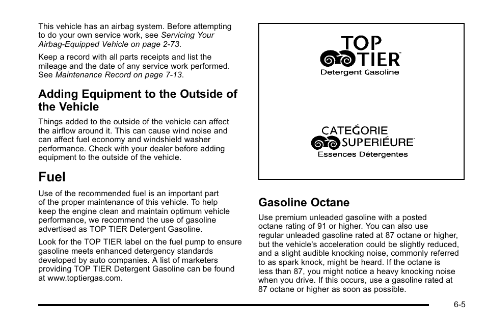 Adding equipment to the outside of the vehicle, Fuel, Gasoline octane | Fuel -5, Adding equipment to the outside, Of the vehicle -5, Gasoline octane -5 | Cadillac 2010 DTS User Manual | Page 325 / 486