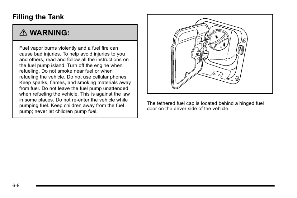 Filling the tank, Filling the tank -8, Warning | Cadillac 2010 DTS User Manual | Page 328 / 486