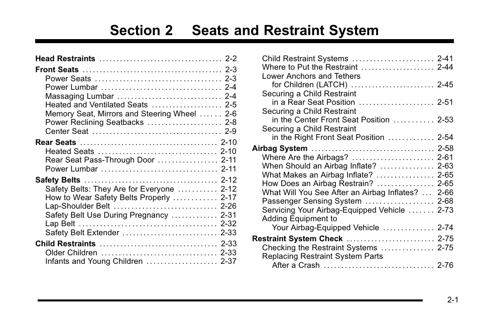 Seats and restraint system, Seats and restraint system -1 | Cadillac 2010 DTS User Manual | Page 33 / 486