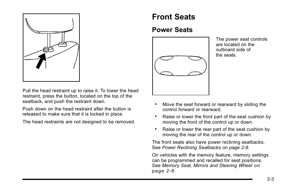 Front seats, Power seats, Front seats -3 | Instrument, Power seats -3 | Cadillac 2010 DTS User Manual | Page 35 / 486