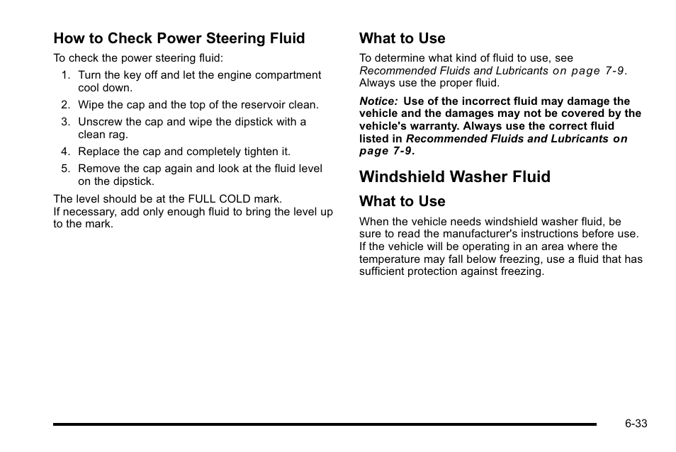 Windshield washer fluid, Windshield washer fluid -33, How to check power steering fluid | What to use | Cadillac 2010 DTS User Manual | Page 353 / 486