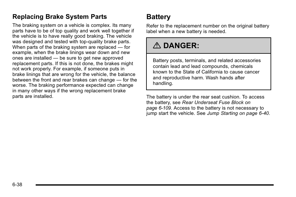 Battery, Battery -38, Danger | Cadillac 2010 DTS User Manual | Page 358 / 486