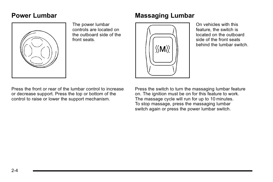 Power lumbar, Massaging lumbar, Power lumbar -4 massaging lumbar -4 | Cadillac 2010 DTS User Manual | Page 36 / 486