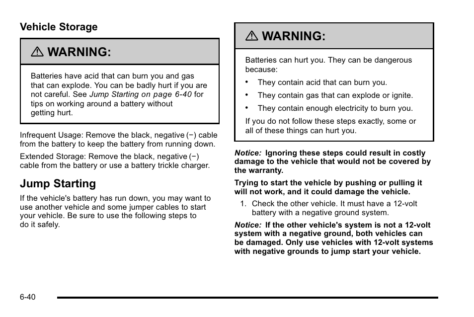 Jump starting, Jump starting -40, Warning | Vehicle storage | Cadillac 2010 DTS User Manual | Page 360 / 486