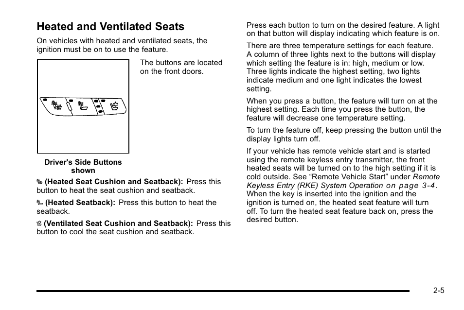 Heated and ventilated seats, Heated and ventilated seats -5 | Cadillac 2010 DTS User Manual | Page 37 / 486