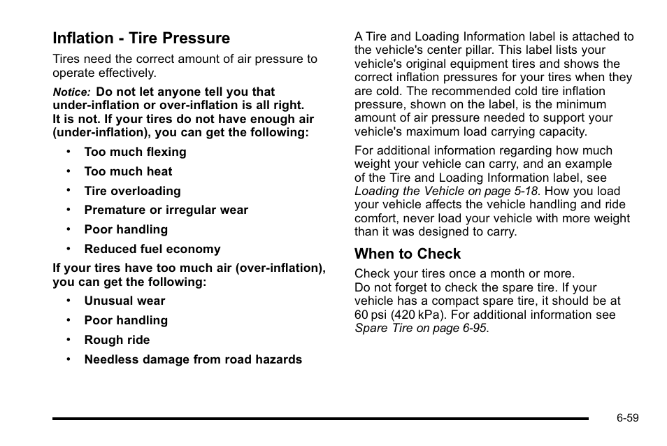 Inflation - tire pressure, Inflation - tire pressure -59, When to check | Cadillac 2010 DTS User Manual | Page 379 / 486