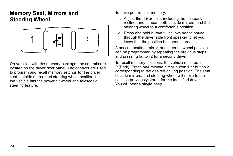 Memory seat, mirrors and steering wheel, Memory seat, mirrors and steering wheel -6 | Cadillac 2010 DTS User Manual | Page 38 / 486
