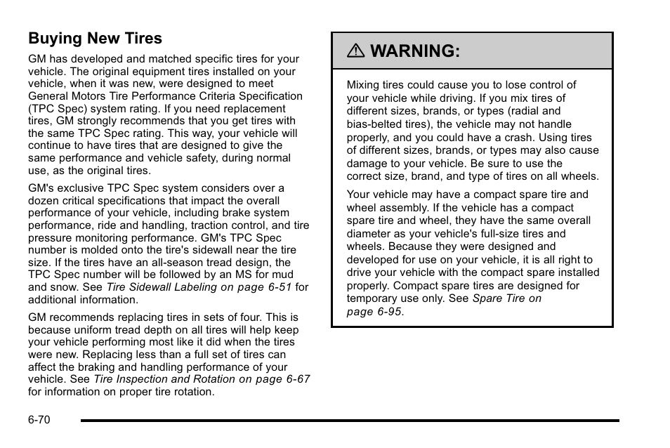 Buying new tires, Buying new tires -70, Warning | Cadillac 2010 DTS User Manual | Page 390 / 486