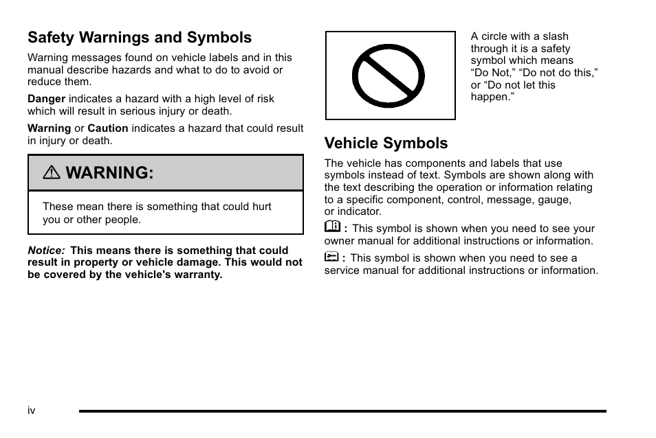 Safety warnings and symbols, Vehicle symbols, Warning | Cadillac 2010 DTS User Manual | Page 4 / 486