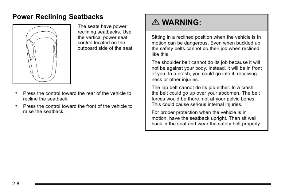 Power reclining seatbacks, Power reclining seatbacks -8, Warning | Cadillac 2010 DTS User Manual | Page 40 / 486