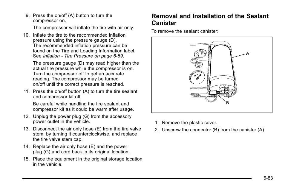 Removal and installation of the sealant canister | Cadillac 2010 DTS User Manual | Page 403 / 486