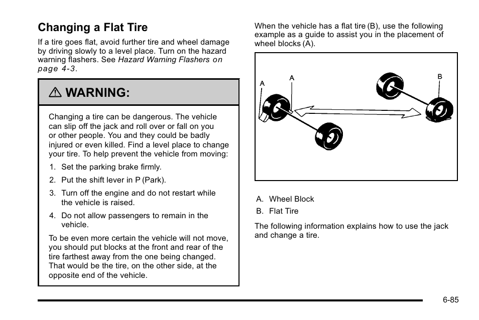 Changing a flat tire, Changing a flat tire -85, Warning | Cadillac 2010 DTS User Manual | Page 405 / 486