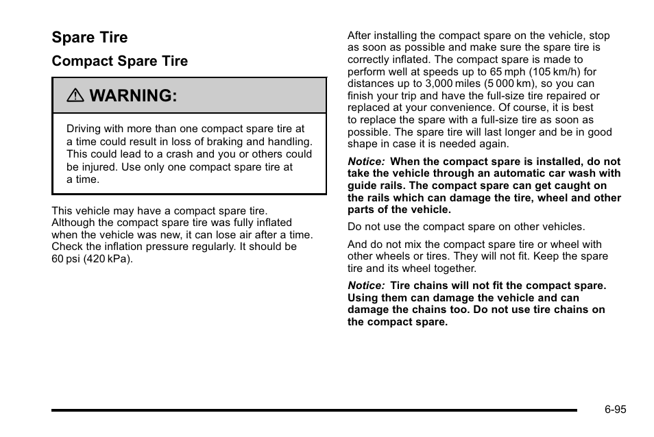 Spare tire, Spare tire -95, Vehicle | Warning | Cadillac 2010 DTS User Manual | Page 415 / 486