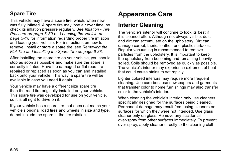 Appearance care, Interior cleaning, Appearance care -96 | Interior cleaning -96, Spare tire | Cadillac 2010 DTS User Manual | Page 416 / 486