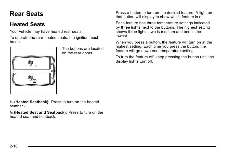 Rear seats, Heated seats, Rear seats -10 | Instrument, Heated seats -10 | Cadillac 2010 DTS User Manual | Page 42 / 486