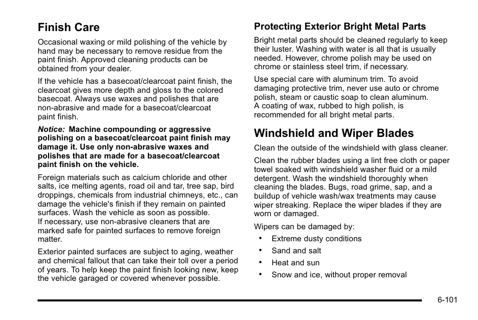 Finish care, Windshield and wiper blades, Finish care -101 windshield and wiper blades -101 | Protecting exterior bright metal parts | Cadillac 2010 DTS User Manual | Page 421 / 486