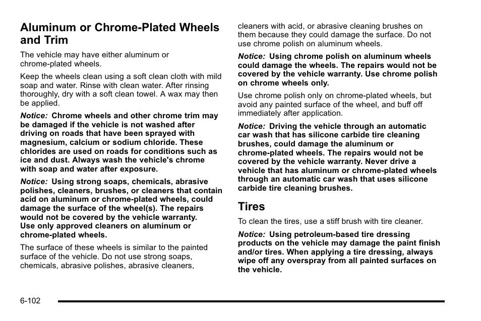 Aluminum or chrome-plated wheels and trim, Tires, Or chrome-plated | Wheels and trim -102, Tires -102 | Cadillac 2010 DTS User Manual | Page 422 / 486