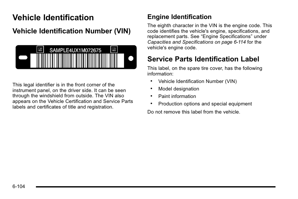 Vehicle identification, Vehicle identification number (vin), Service parts identification label | Vehicle identification -104, Identification -104, Engine identification | Cadillac 2010 DTS User Manual | Page 424 / 486