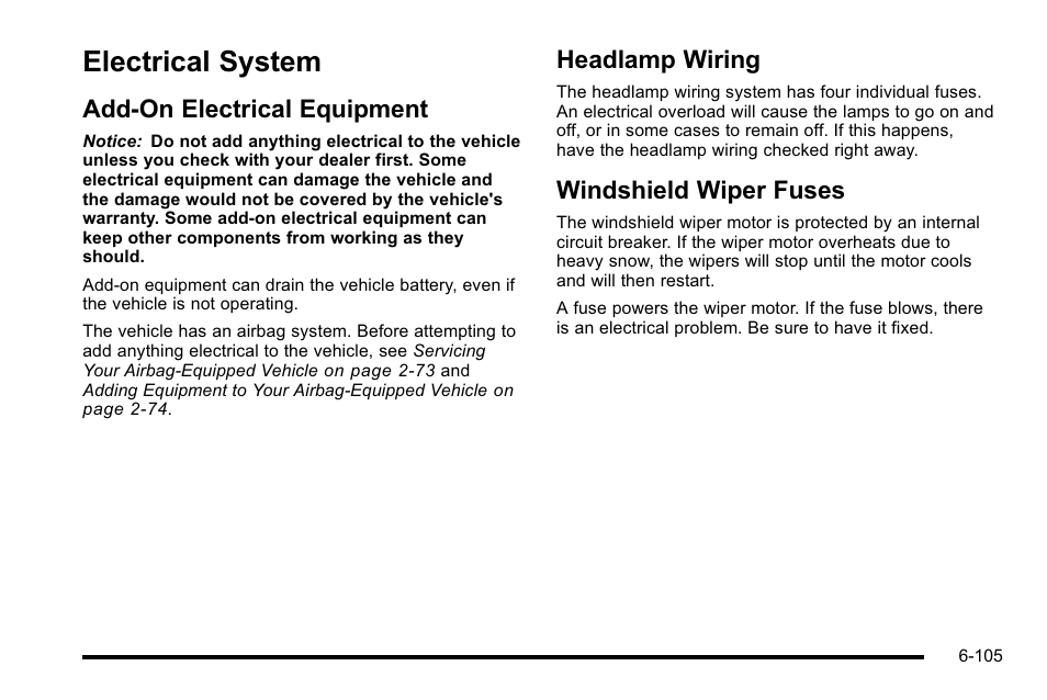 Electrical system, Add-on electrical equipment, Headlamp wiring | Windshield wiper fuses, Electrical system -105 | Cadillac 2010 DTS User Manual | Page 425 / 486