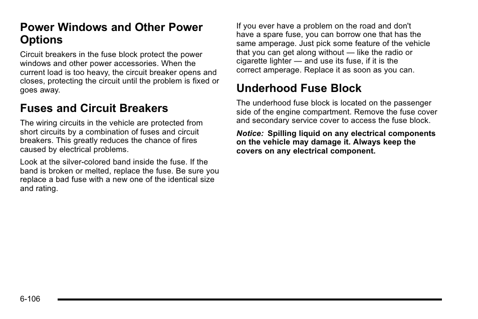 Power windows and other power options, Fuses and circuit breakers, Underhood fuse block | Cadillac 2010 DTS User Manual | Page 426 / 486