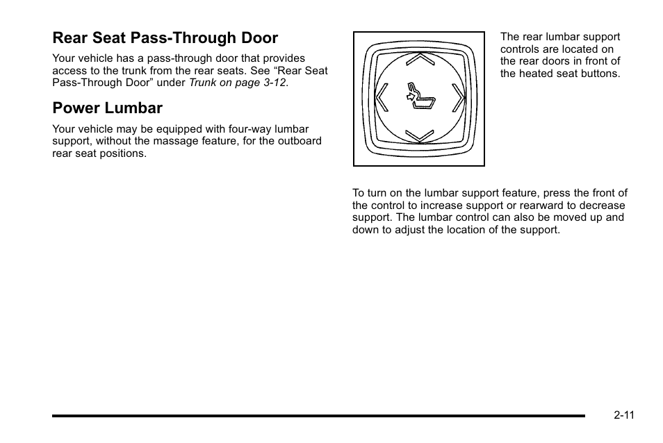 Rear seat pass-through door, Power lumbar, Rear seat pass-through door -11 power lumbar -11 | Cadillac 2010 DTS User Manual | Page 43 / 486