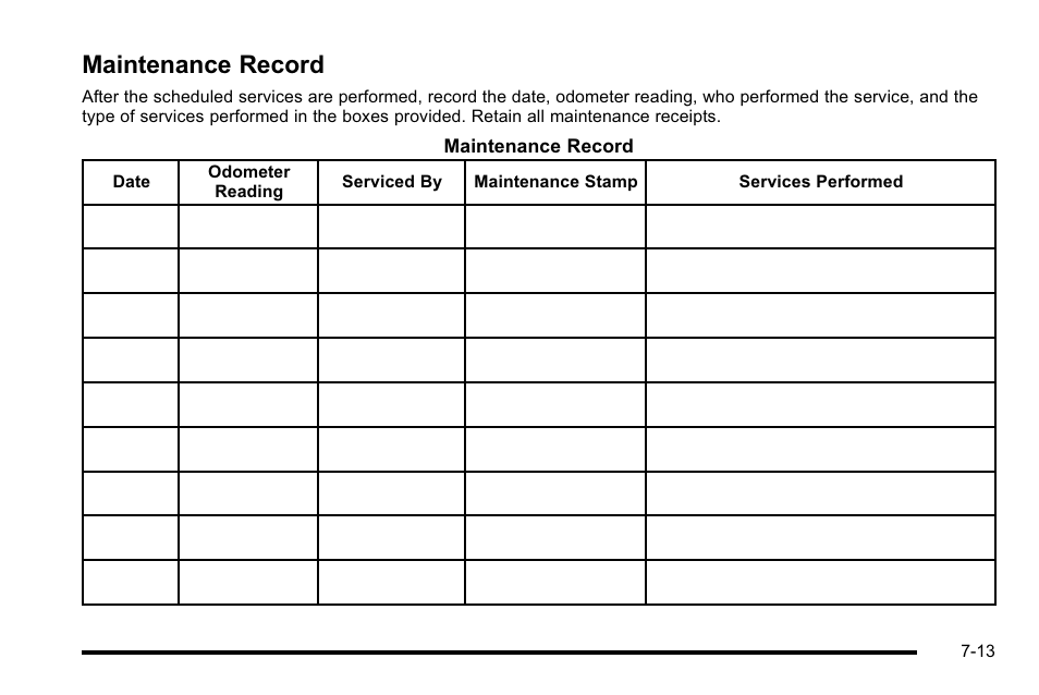 Maintenance record, Record -13 | Cadillac 2010 DTS User Manual | Page 447 / 486