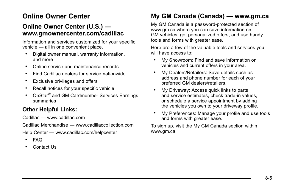 Online owner center, Online owner center -5, Other helpful links | Cadillac 2010 DTS User Manual | Page 455 / 486