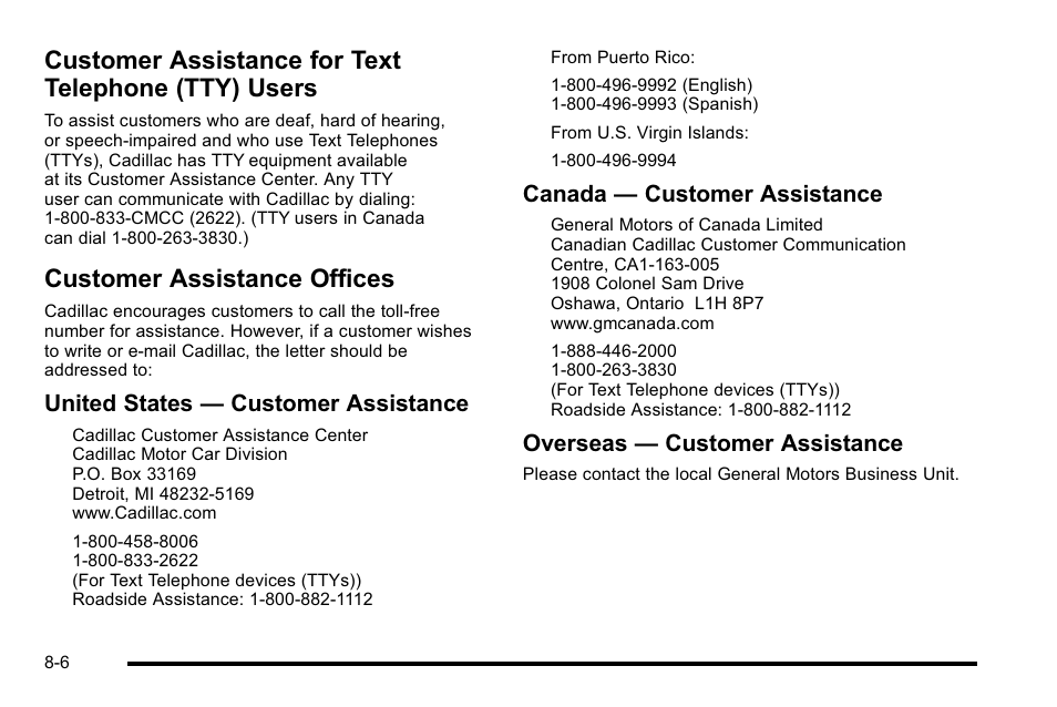 Customer assistance for text telephone (tty) users, Customer assistance offices, Customer assistance | For text telephone (tty) users -6, Customer assistance offices -6, Reporting safety, United states — customer assistance, Canada — customer assistance, Overseas — customer assistance | Cadillac 2010 DTS User Manual | Page 456 / 486